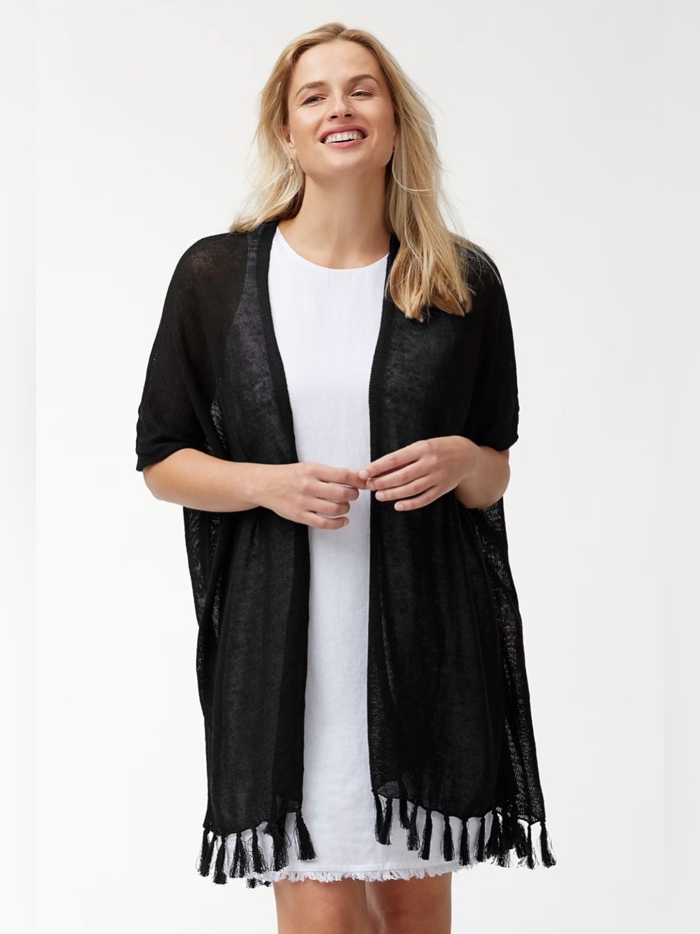 Tommy Bahama Linen Knit Cardigan L/XL Black Fringe Open Front